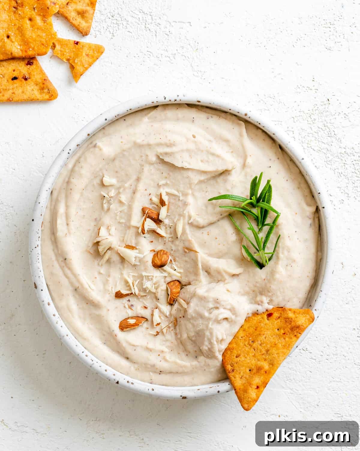 Plant-Powered Bean Dip 2 completed Vegan Bean Dip in a white bowl against a white background