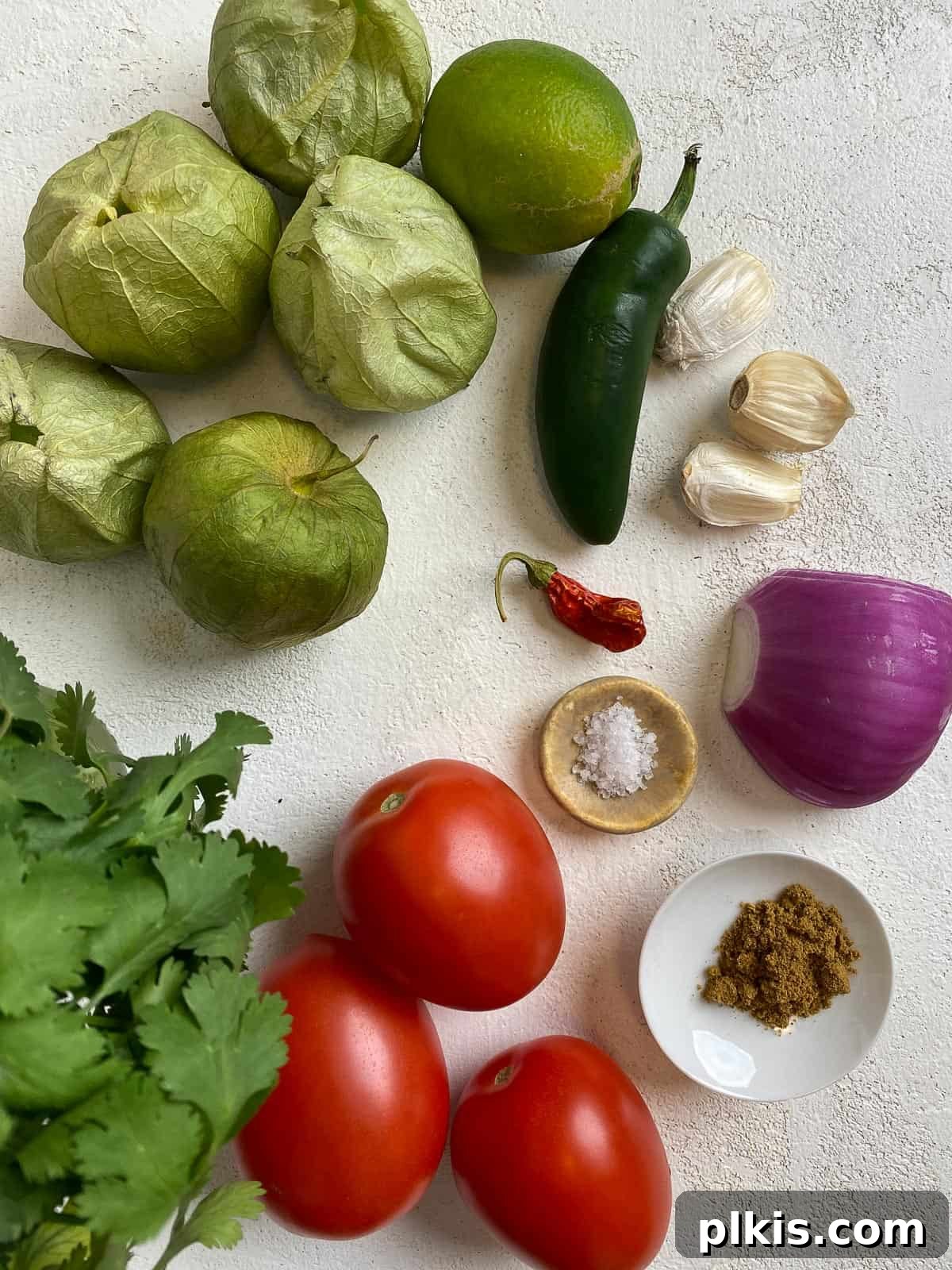 Zesty Tomatillo Green Chili Salsa 3 A colorful spread of fresh ingredients including tomatillos, Roma tomatoes, chilies, garlic, red onion, cilantro, and lime, ready for making stovetop tomatillo salsa.