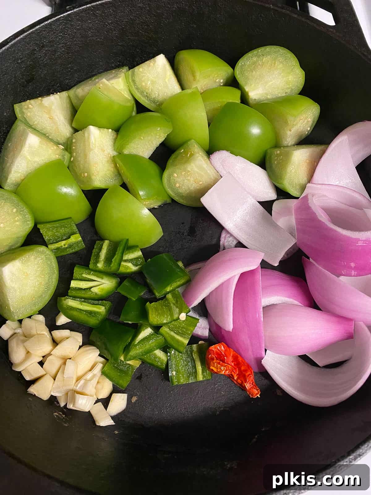 Zesty Tomatillo Green Chili Salsa 4 Roughly chopped tomatillos, tomatoes, garlic, chilies, and onion added to a saucepan.