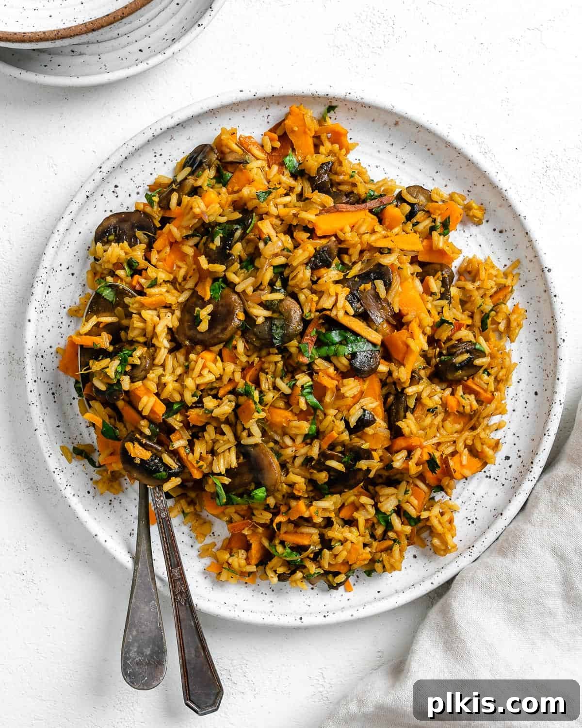 Nourishing Sweet Potato Fried Rice 2 A plate of healthy Sweet Potato Fried Rice, garnished with fresh herbs.
