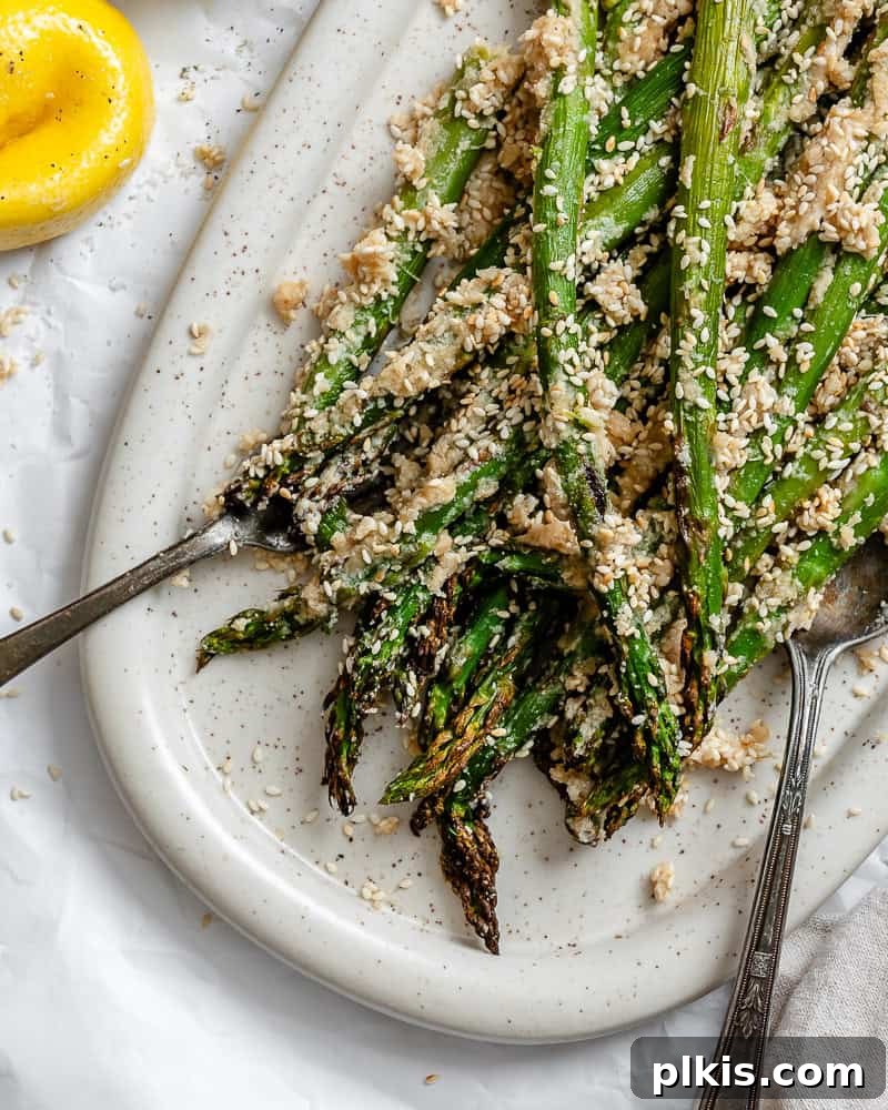 Completed Roasted Asparagus on platter.