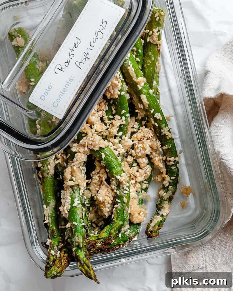 Completed Roasted Asparagus in storage dish.