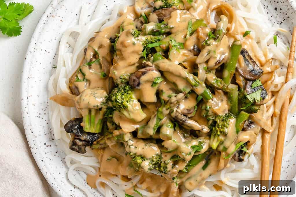 Velvet Rice Noodle Stir Fry 11 completed Creamy Rice Noodle Stir Fry plated against a white surface