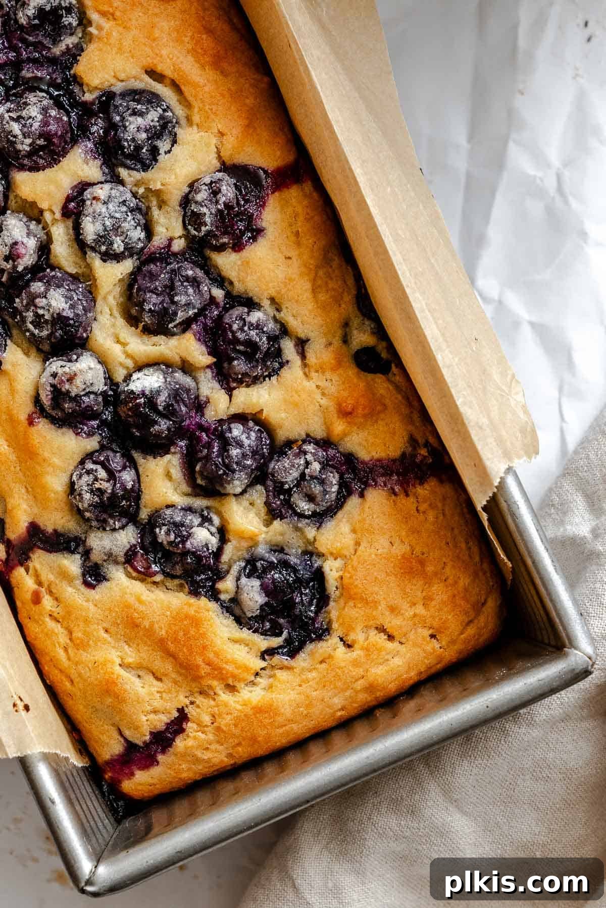 Completed Easy Blueberry Bread [Quick Bread!] cooling in a bread pan.