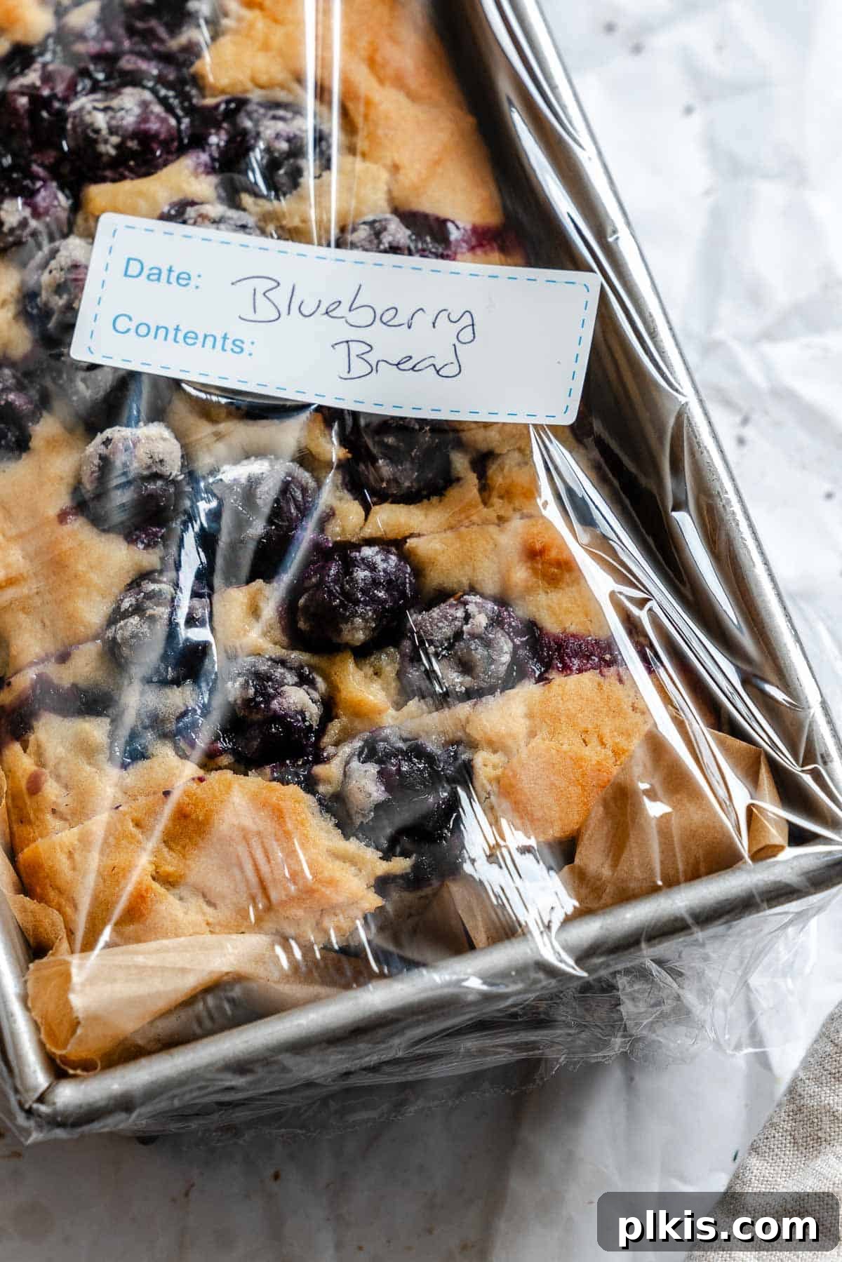 Completed Easy Blueberry Bread [Quick Bread!] in a storage container.