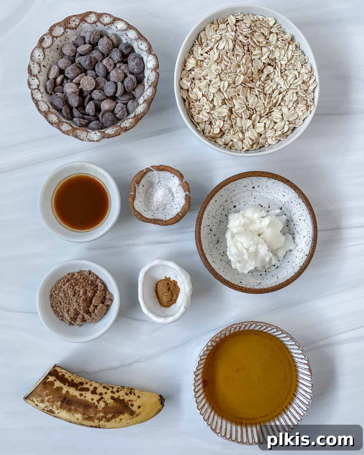 measured out ingredients for Chocolate Chip Banana Bites against a white surface