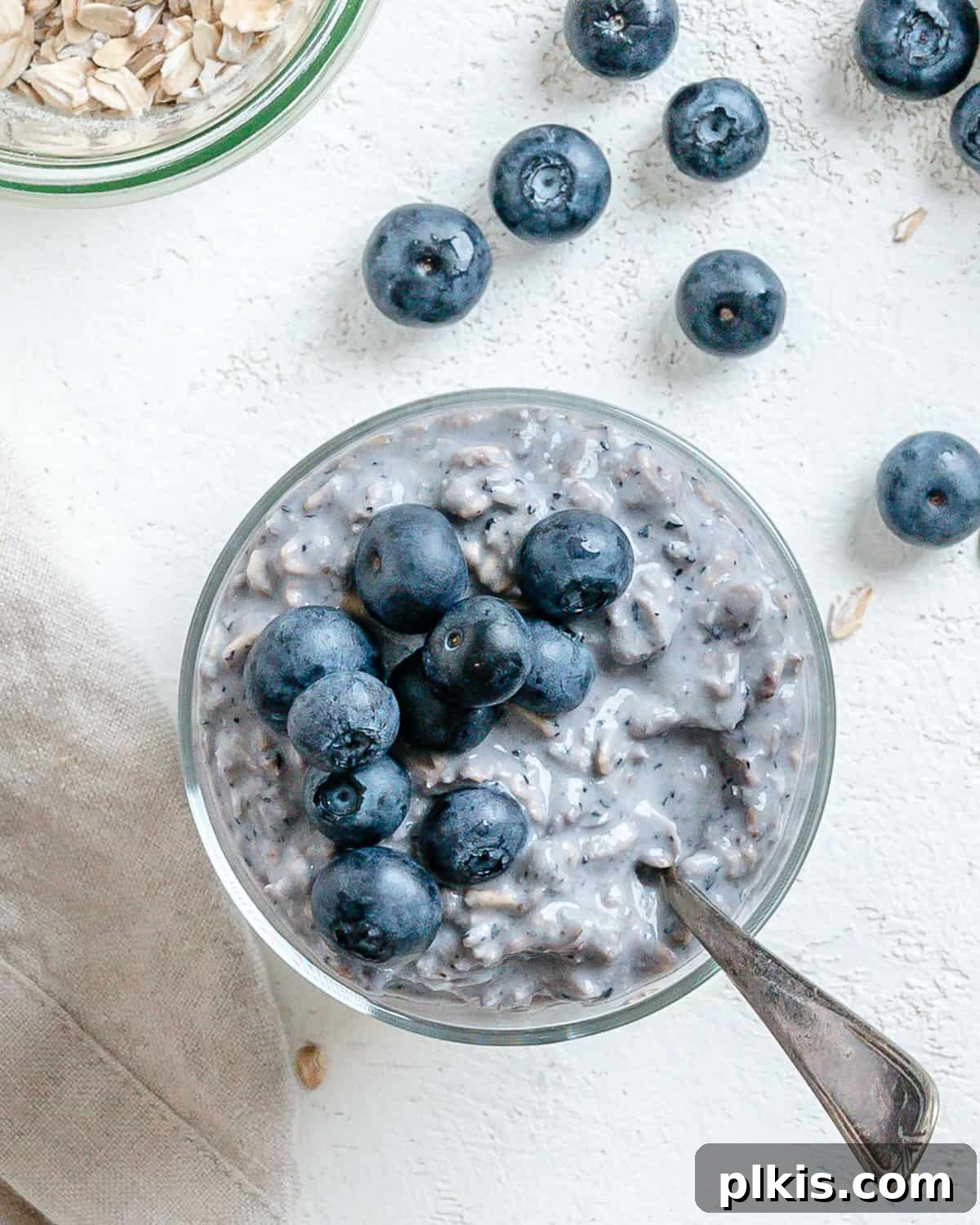 Overnight Blueberry Delight 2 A beautifully presented bowl of Blueberry Overnight Oats, garnished with fresh blueberries and a sprinkle of shredded coconut, set against a light, inviting background. Perfect for a quick, healthy breakfast.
