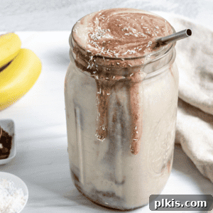 Completed Chocolate Peanut Butter Banana Smoothie in a jar