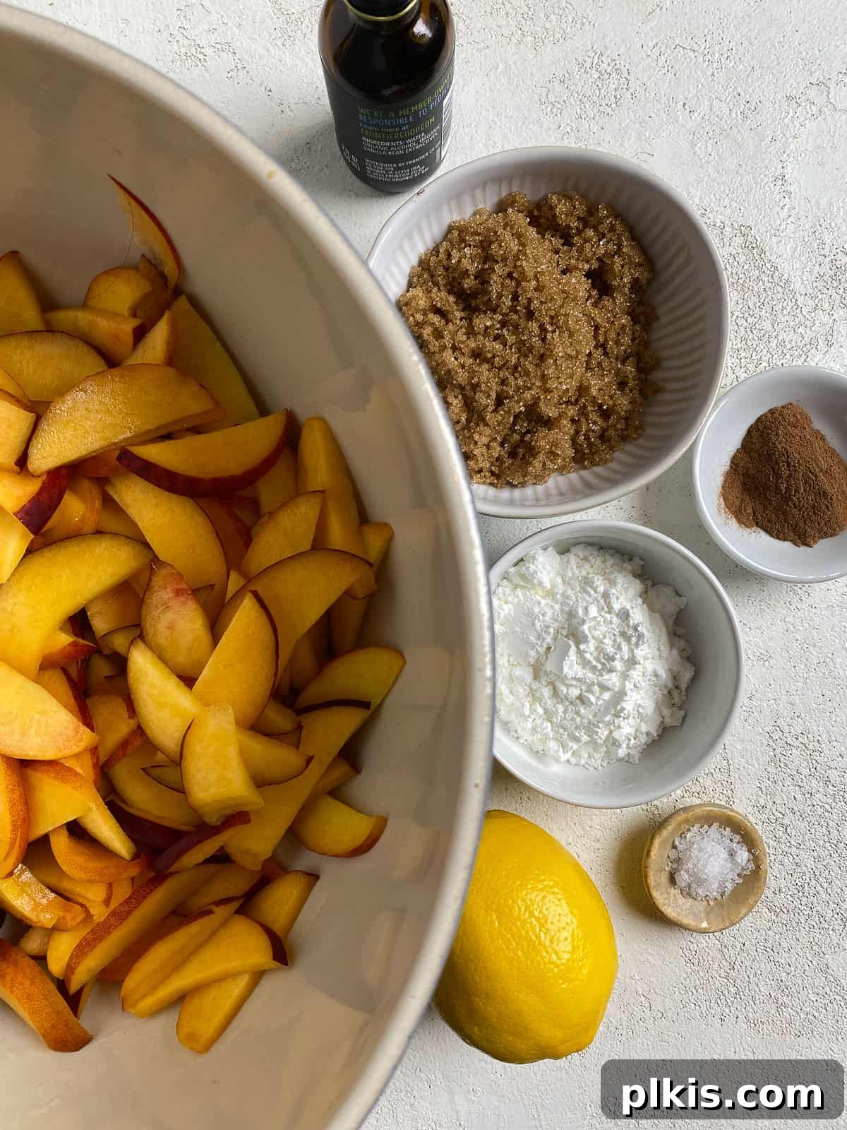 ingredients for peach crumb pie against a white background