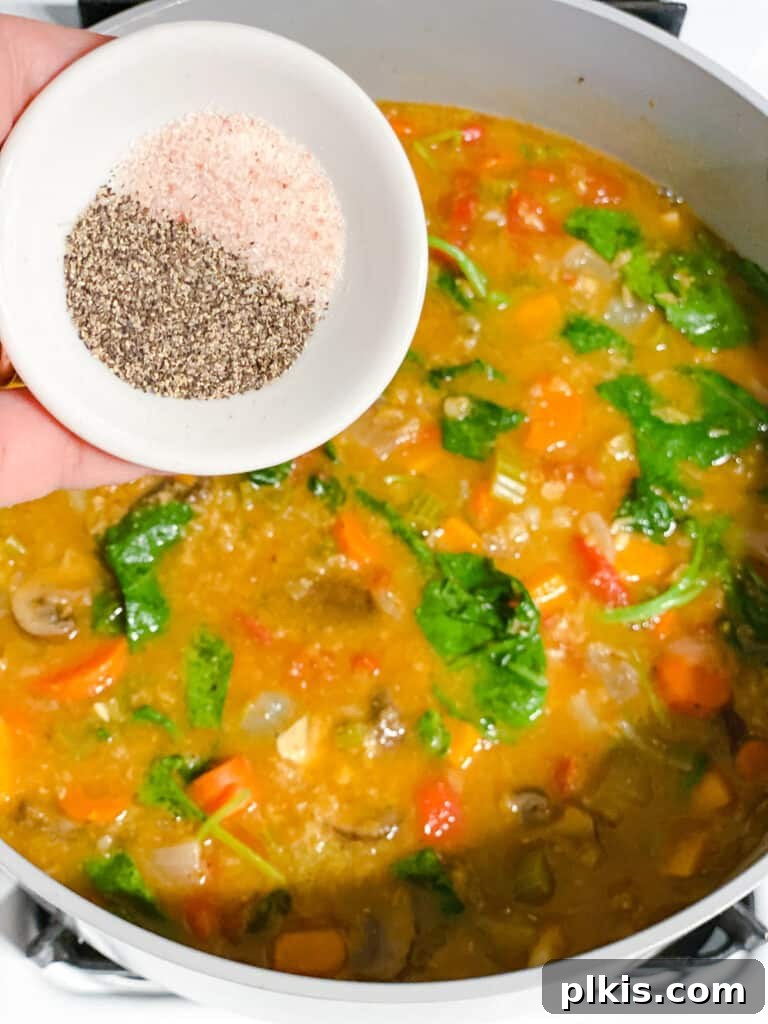 Comforting Red Lentil Stew 15 A final sprinkle of seasonings being added to the Hearty Red Lentil Stew for taste.