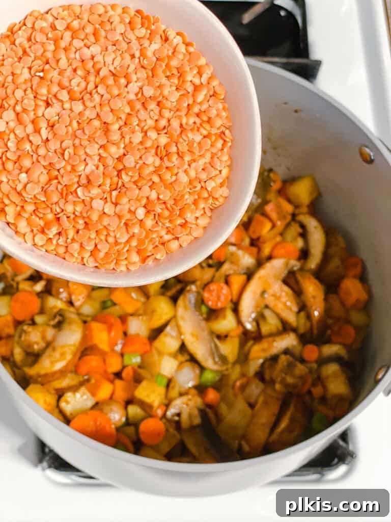 Comforting Red Lentil Stew 9 Red lentils being added to the pot of simmering vegetables for the stew.
