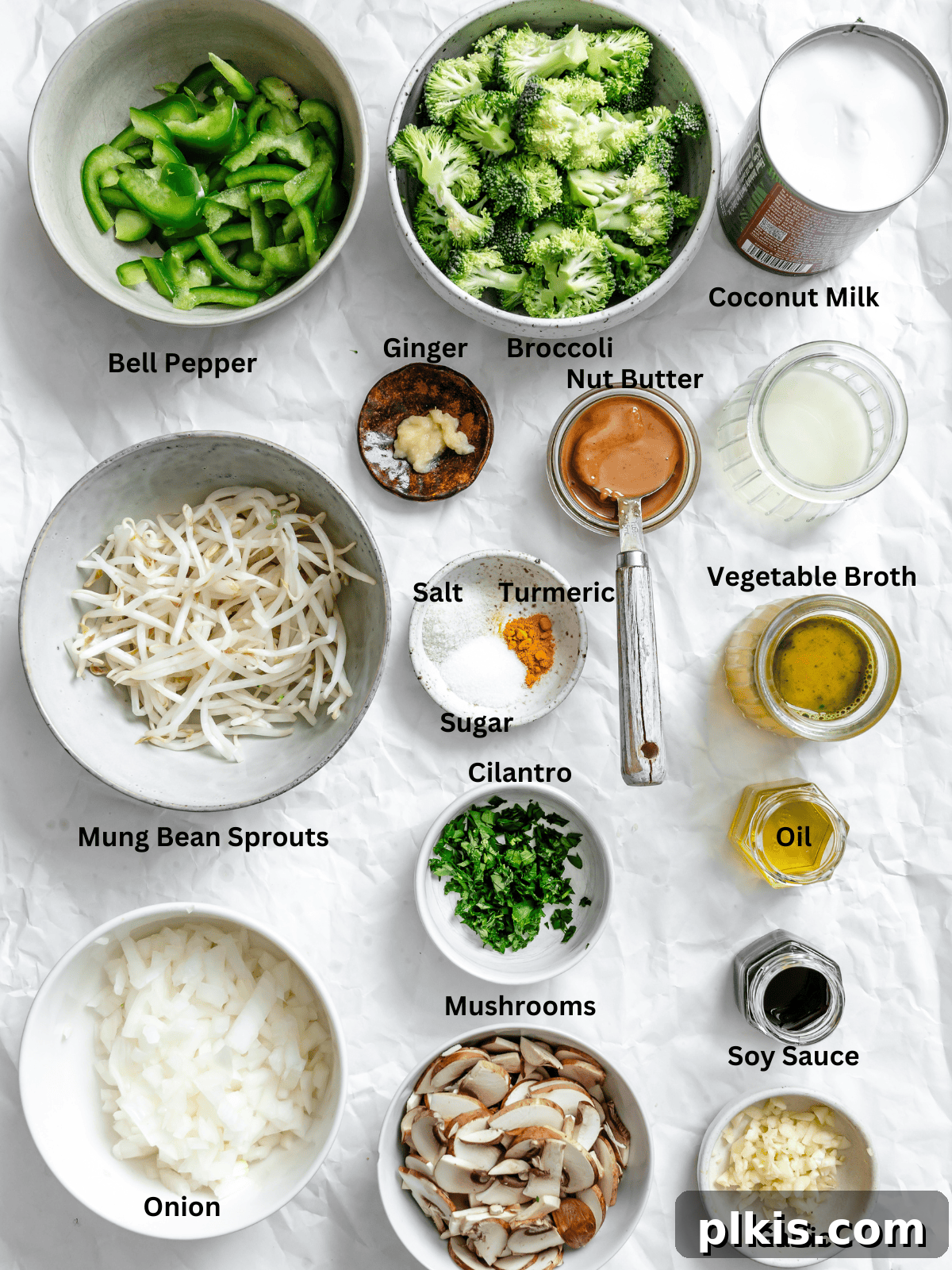 Vibrant Bean Sprout Curry 3 Ingredients for Bean Sprouts Curry measured out on a white surface, including spices, vegetables, and liquids.
