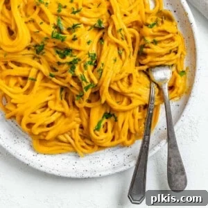 Velvety Sweet Potato Spaghetti 16 Completed Sweet Potato Pasta Sauce with Spaghetti plated against a white surface