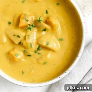 Golden Roasted Delicata Sweet Potato Soup 19 Completed Roasted Delicata Squash and Sweet Potato Soup in a white bowl against a light background
