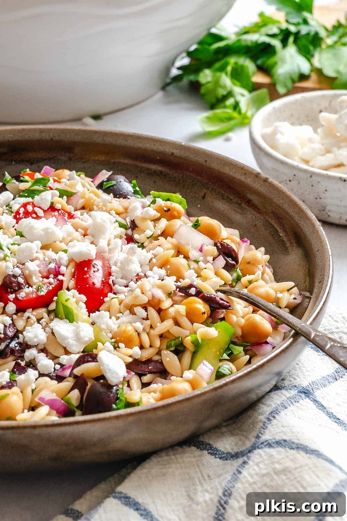 Zesty Lemon Orzo Salad 8 Completed Easy Lemon Orzo Salad in a rustic white bowl, garnished with fresh herbs, ready to be served. The texture of the orzo and the colorful vegetables are clearly visible.