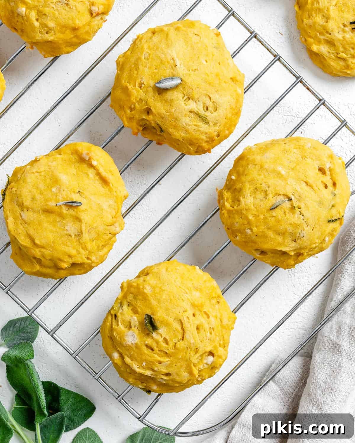 Golden Sage Butternut Biscuits 2 Golden brown Butternut Squash Sage Biscuits cooling on a wire rack, garnished with fresh sage leaves.