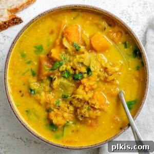 Completed Butternut Squash and Lentil Soup in a bowl.