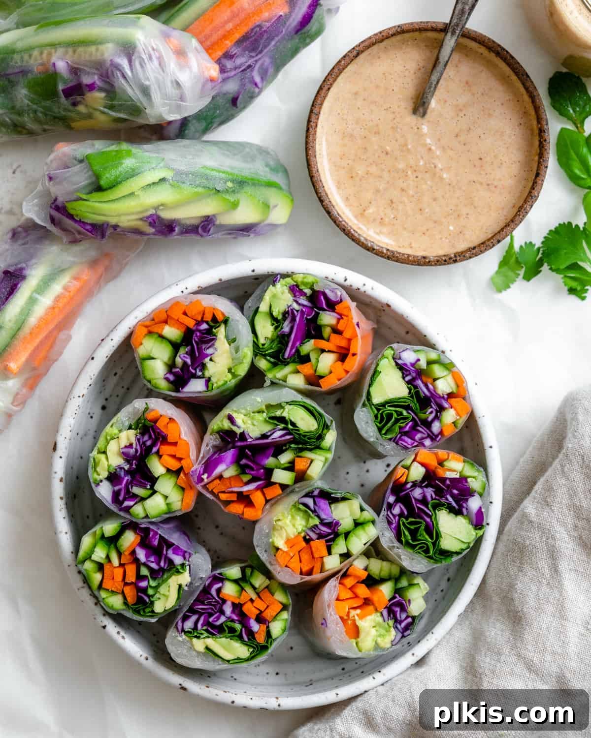 Vibrant Rainbow Rolls with Creamy Almond Shallot Dip 2 Several vibrant Fresh Rainbow Rolls with Almond Shallot Sauce artfully arranged in a bowl, showcasing their colorful fillings and inviting presentation.