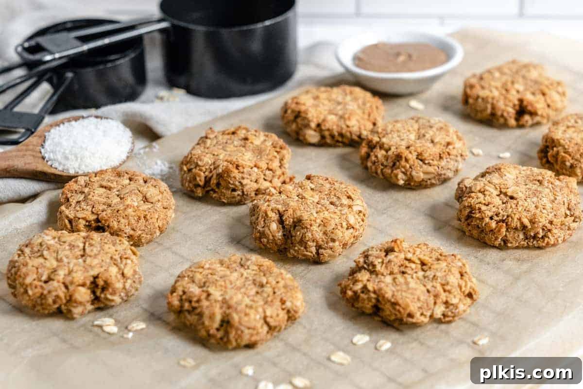 Tropical Coconut Oatmeal Treats 2 Delicious Oatmeal Coconut Cookies arranged on a grey baking tray, ready to be enjoyed.