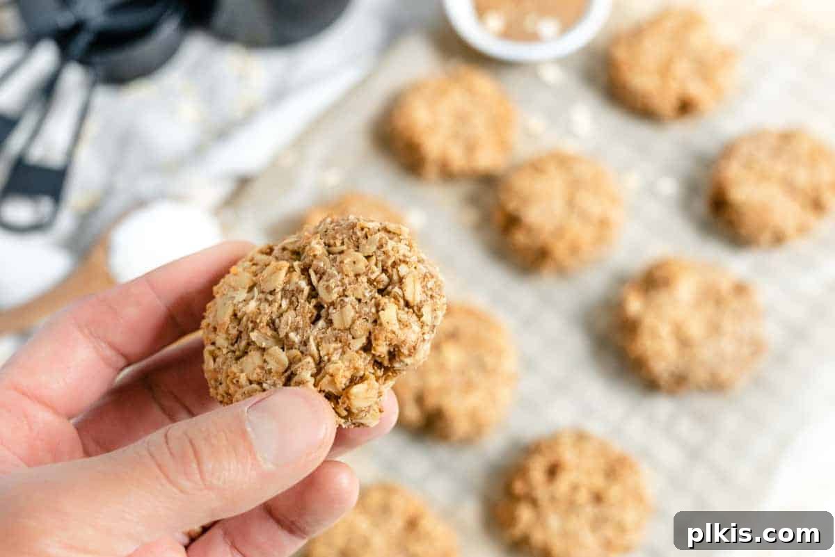 Tropical Coconut Oatmeal Treats 4 Close-up of a single oatmeal coconut cookie, with several others blurred on a gray baking tray and ingredients in the background.