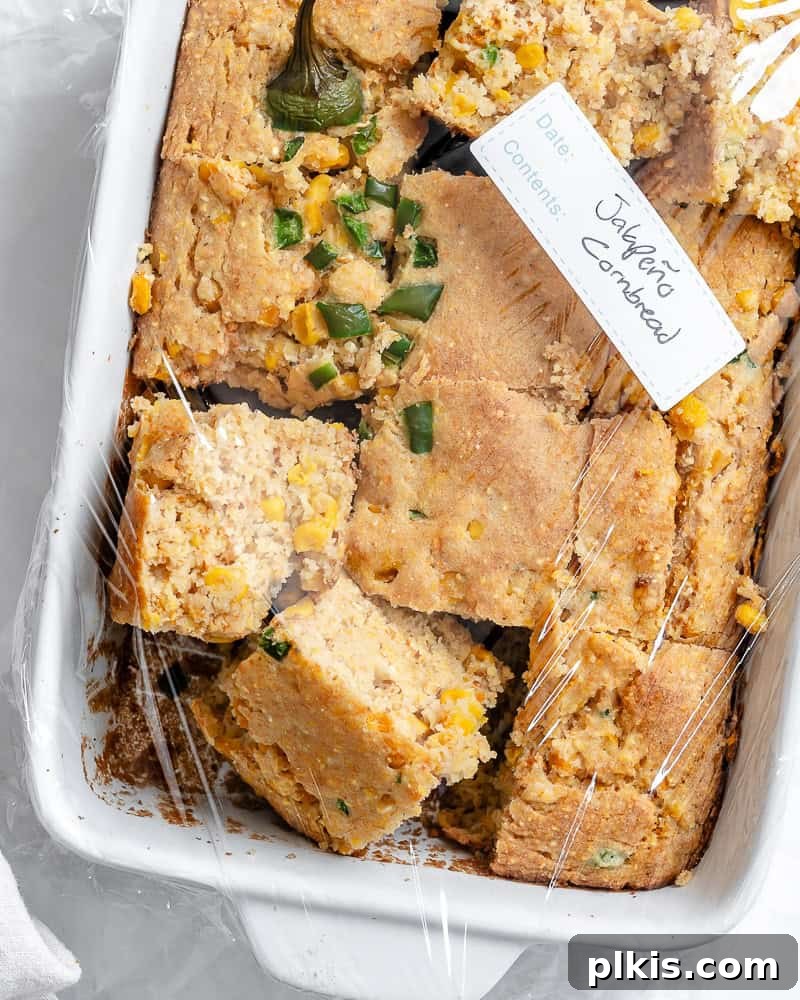 Zesty Jalapeño Cornbread 12 slices of baked jalapeno cornbread in a white baking dish covered in plastic wrap.