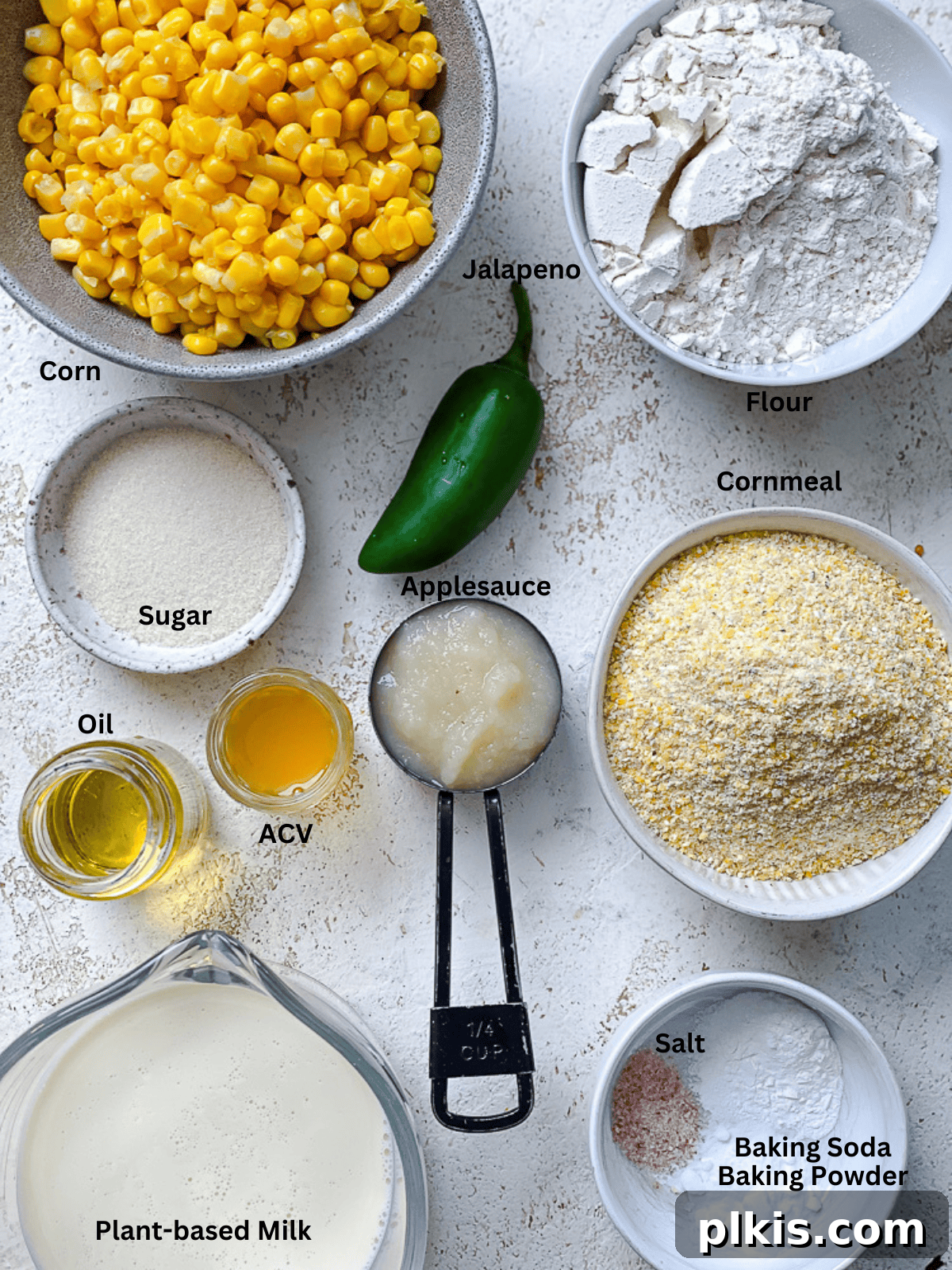 Zesty Jalapeño Cornbread 3 ingredients for Vegan Jalapeño Cornbread in separate white bowls.