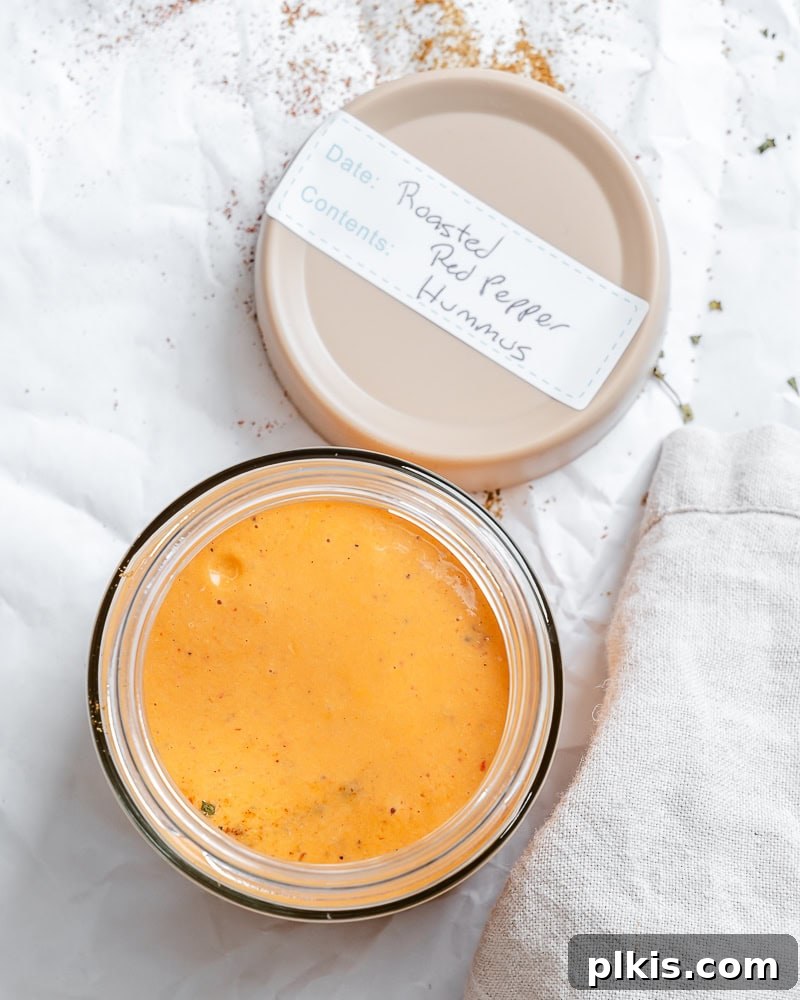Smoky Roasted Red Pepper Hummus 7 completed Roasted Red Pepper Hummus stored in an airtight container