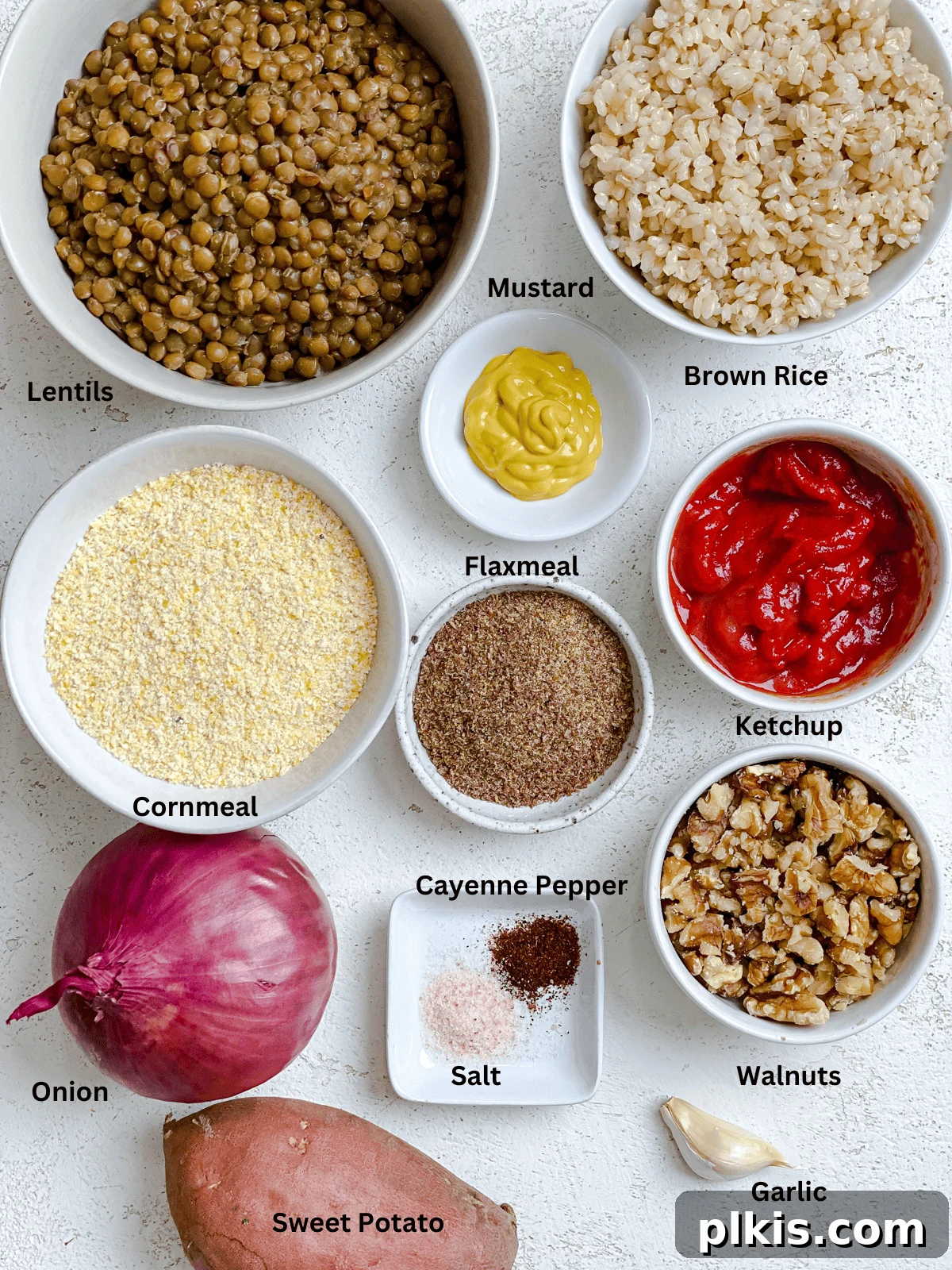 Ultimate Vegan Lentil Burgers 3 Ingredients for The Best Vegan Lentil Burgers laid out on a white surface before preparation.