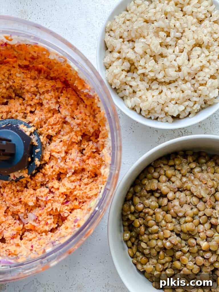 Ultimate Vegan Lentil Burgers 8 Cooked rice and lentils measured out on a white surface.
