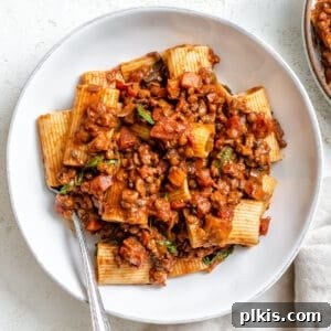 completed Vegan Lentil Bolognese plated on a white plate against a white background