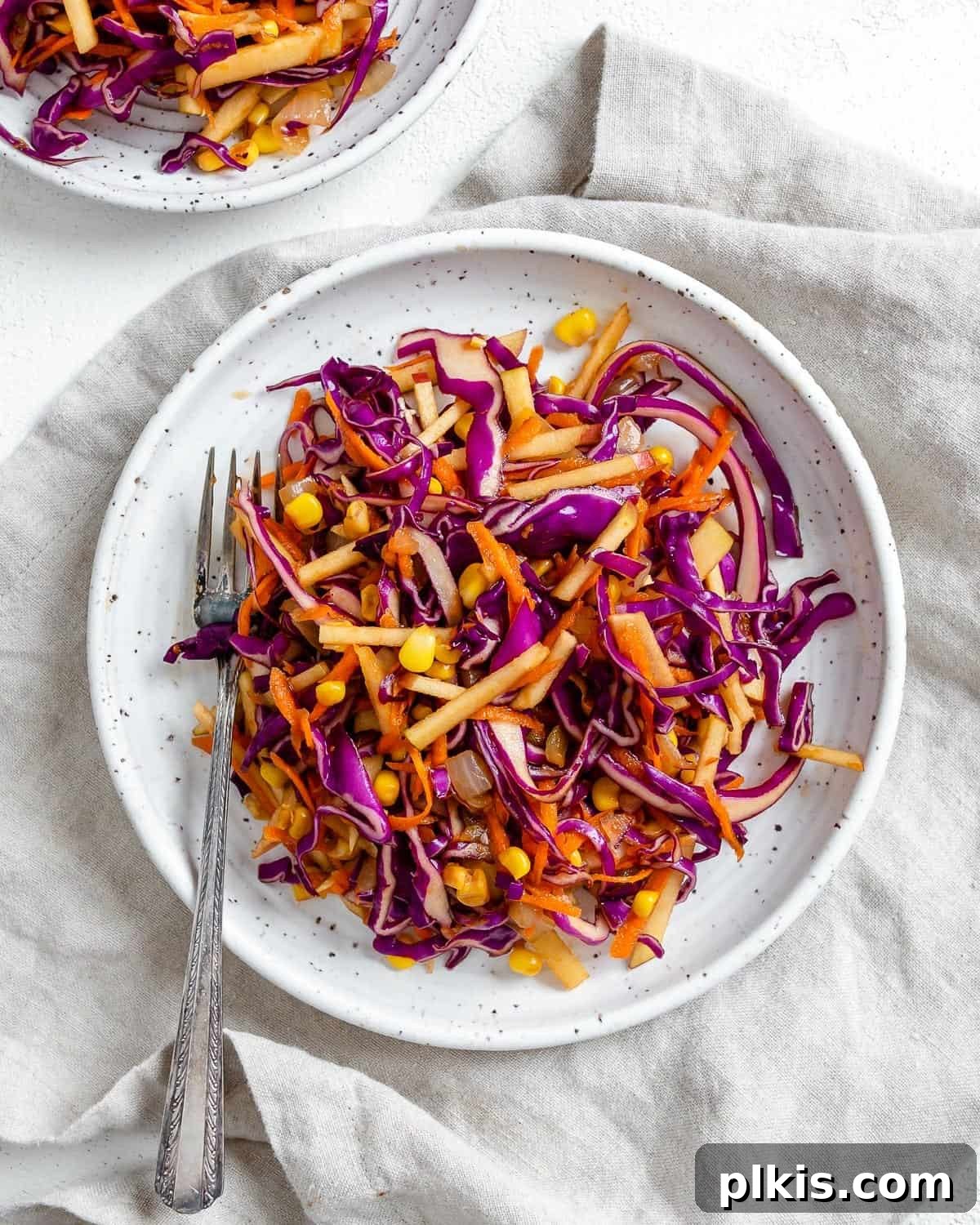 Garden Fresh Vegan Coleslaw with Apple, Carrots, and Corn 2 completed vegan slaw on a white plate against a light background