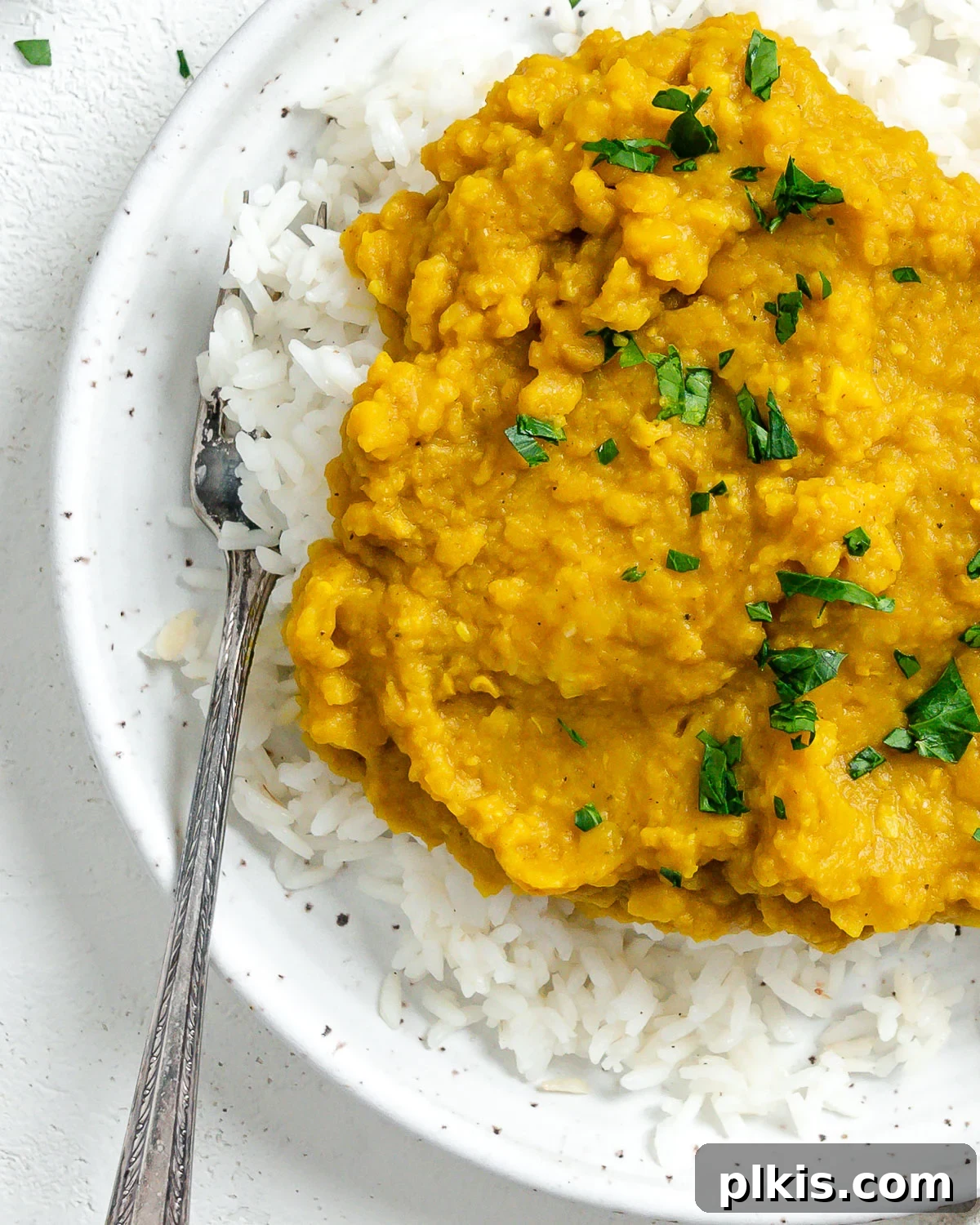 Sunshine in a Bowl: Easy Yellow Dal 2 completed Easy Yellow Dal on rice in a white plate against a light background