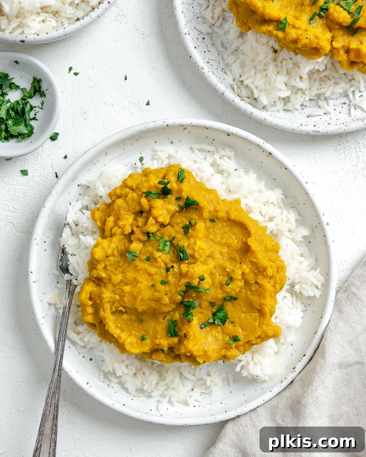 Sunshine in a Bowl: Easy Yellow Dal 12 completed Easy Yellow Dal on rice in a white plate against a light background