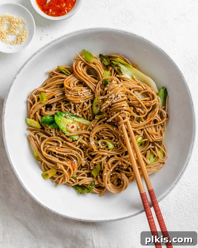 Savory Garlic Sesame Soba 2 Completed Garlic Sesame Soba Noodles served in a white bowl with chopsticks, ready to eat.