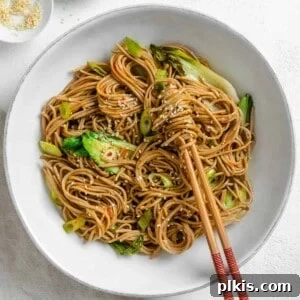 Savory Garlic Sesame Soba 9 completed Sesame Soba Noodles in a white bowl with chop sticks