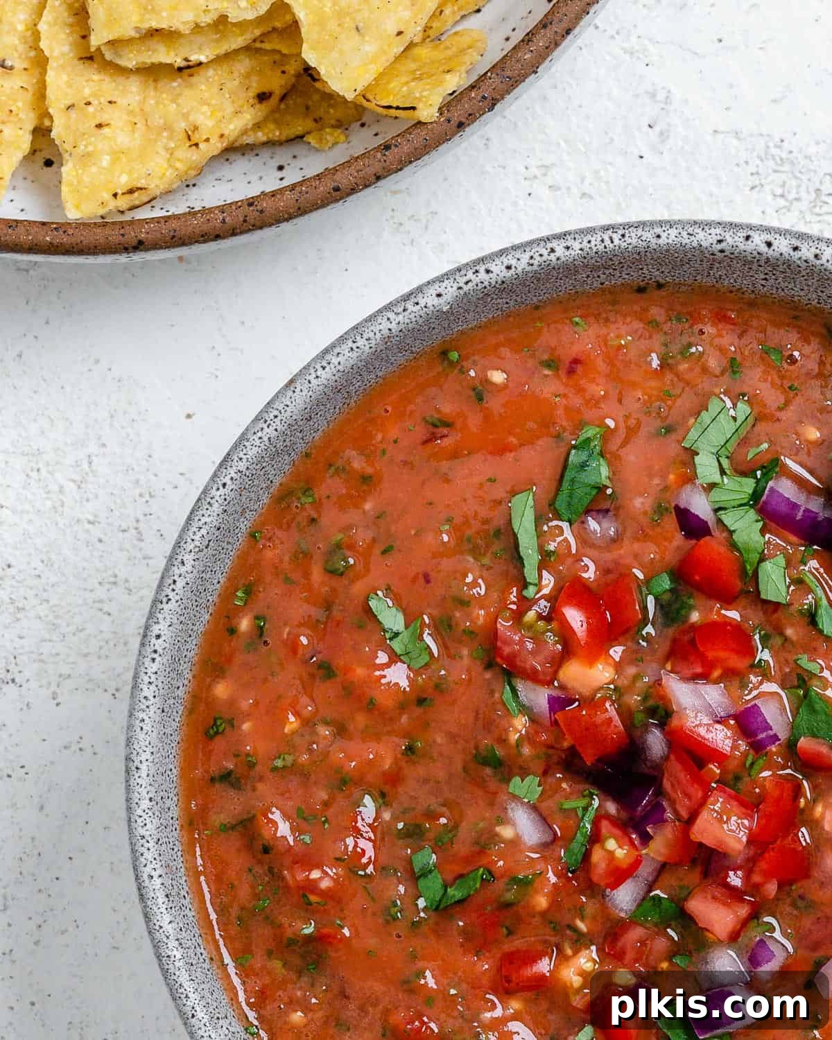 Blender Magic: 5-Minute Restaurant Salsa 11 A beautiful bowl of fresh blender salsa garnished with cilantro, ready to be enjoyed.