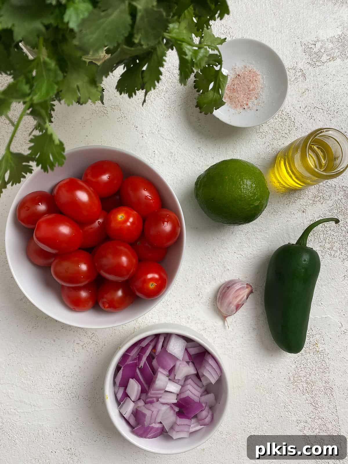 Blender Magic: 5-Minute Restaurant Salsa 3 Fresh ingredients for homemade salsa, including tomatoes, onion, garlic, jalapeño, cilantro, and lime, laid out on a white surface.