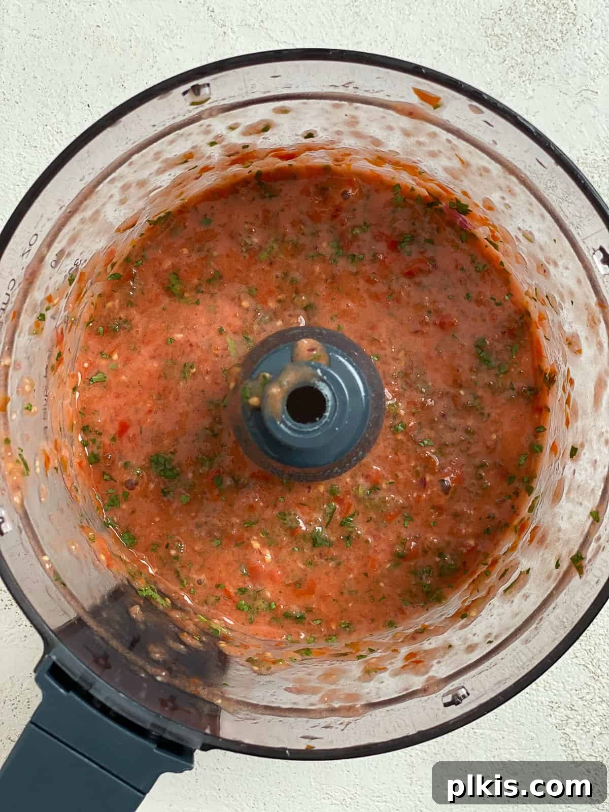 Blender Magic: 5-Minute Restaurant Salsa 8 The cilantro-infused salsa after a brief pulse in the food processor, showing green flecks throughout.
