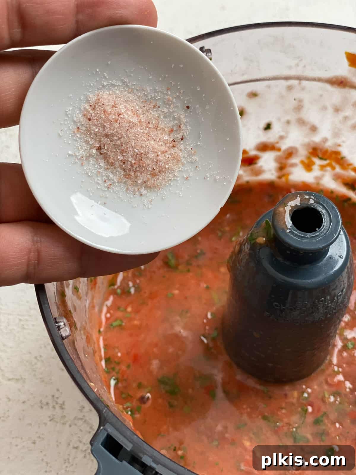 Blender Magic: 5-Minute Restaurant Salsa 10 A pinch of salt being added to the salsa in the food processor for final seasoning.