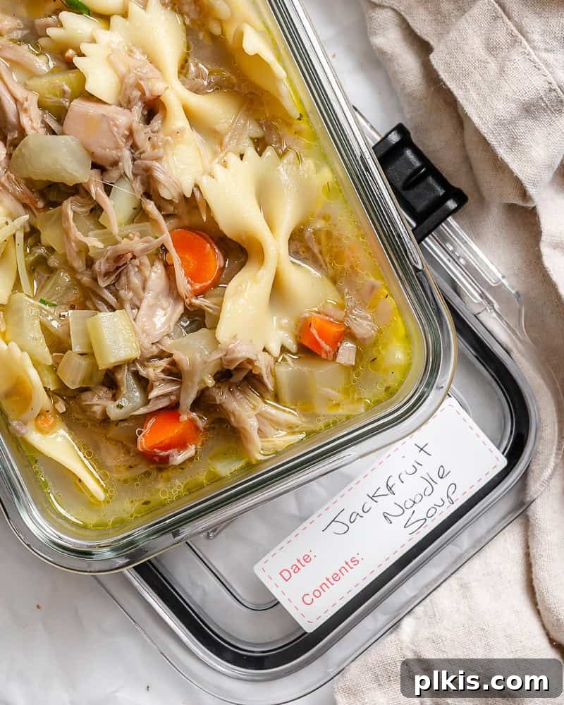 Pulled Jackfruit Noodle Soup 11 completed Vegan Jackfruit Chicken Noodle Soup in a storage container