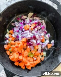 The Flavor Foundation 7 The diced mirepoix mixture, consisting of carrots, celery, and onions, gently sweating in a black skillet over low heat.
