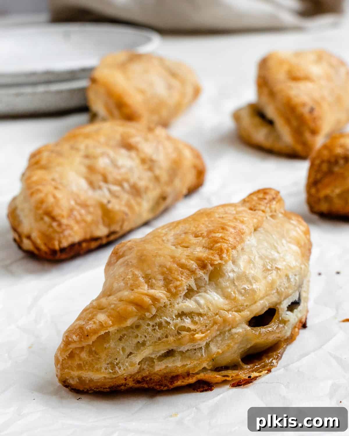 Several completed Spinach and Mushroom Puffs [Vegan Hand Pies] scattered on a white surface.