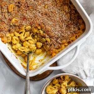 completed Vegan Baked Mac and Cheese in a dish