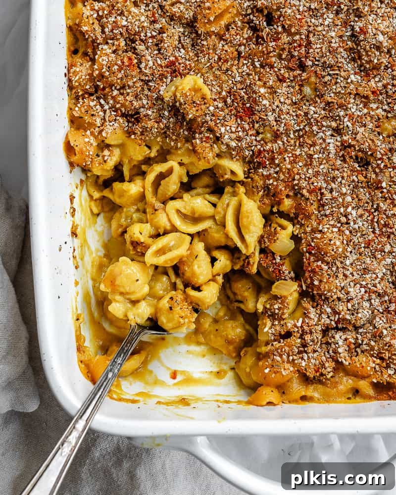 Ultimate Vegan Mac Bake 10 A second view of the completed Vegan Baked Mac and Cheese in a dish, showcasing its golden crust.