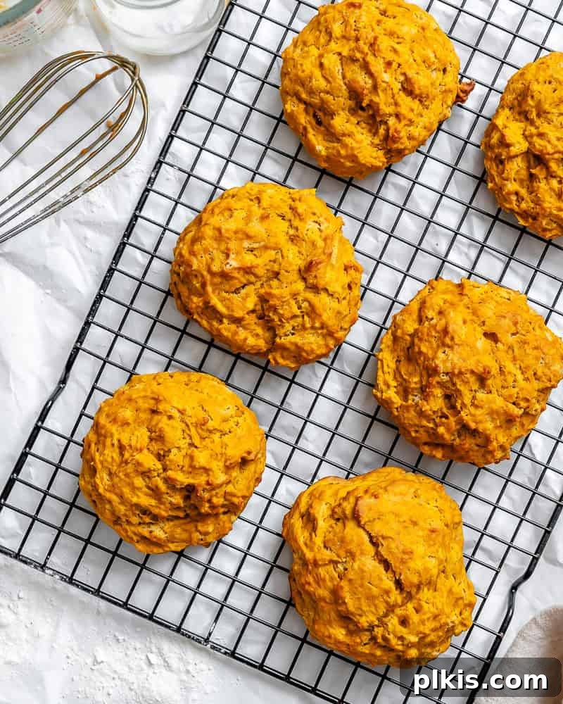 Velvet Sweet Potato Biscuits 2 Freshly baked Southern-style vegan sweet potato biscuits cooling on a wire rack.