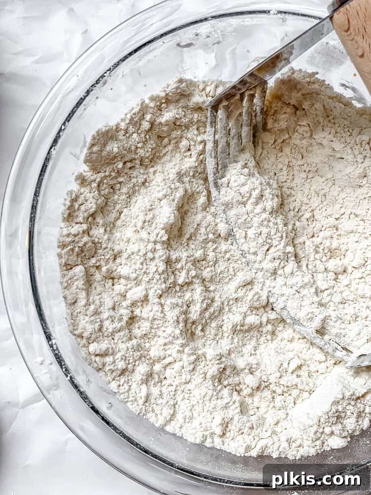 Velvet Sweet Potato Biscuits 5 Process shot showing cutting cold vegan butter into dry flour mixture in a bowl.