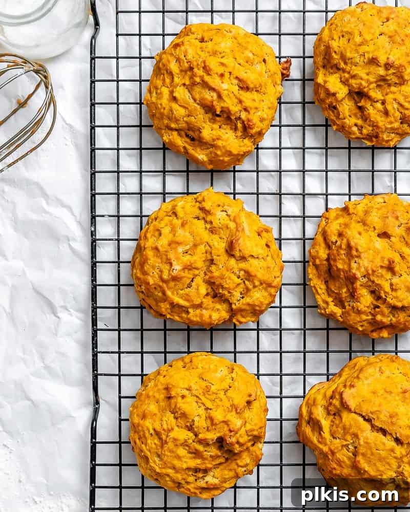 Velvet Sweet Potato Biscuits 8 A close-up of a stack of baked sweet potato biscuits on a wire rack, showing their fluffy texture.