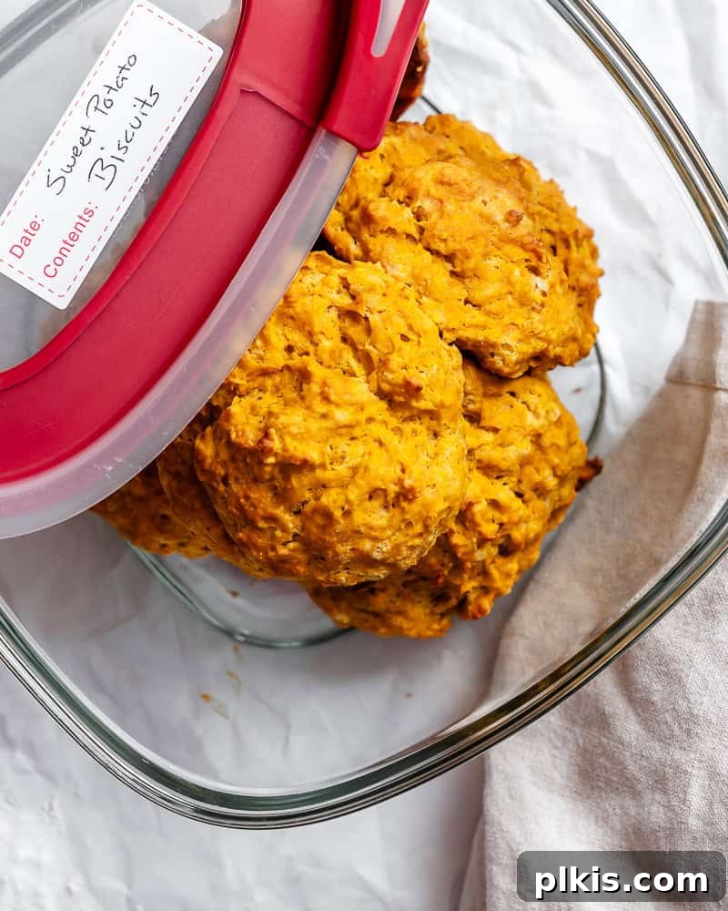 Velvet Sweet Potato Biscuits 9 Sweet potato biscuits stored in a glass airtight container for freshness.