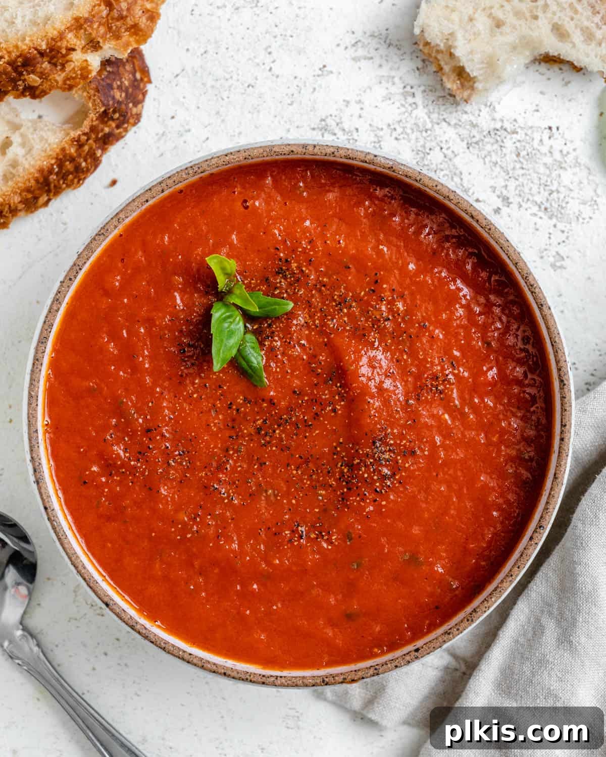 Pantry-Friendly Vegan Tomato Soup 2 A steaming bowl of Quick Vegan Tomato Soup, garnished with fresh basil, against a light background.