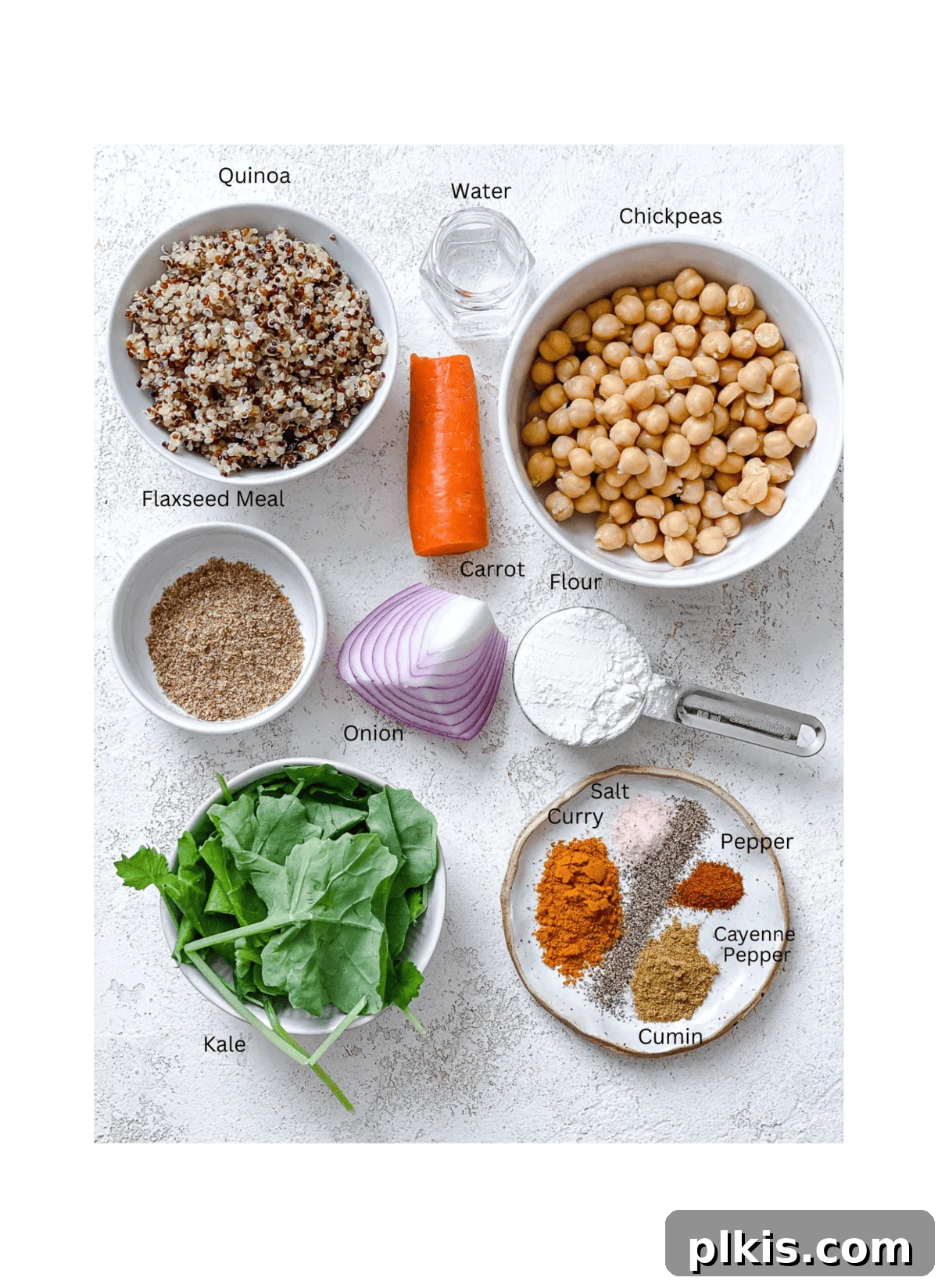 Golden Quinoa Chickpea Fritters 3 ingredients for Easy Quinoa Chickpea Patties measured out on a white surface